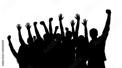 Silhouette of a cheering crowd with raised hands.