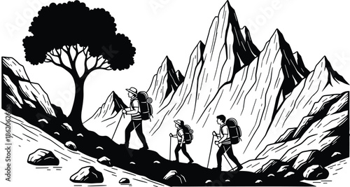 Three Hikers Walking in Mountainous Landscape with Trees and Rocks hiking mountains