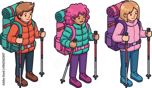 Three Hikers with Backpacks and Trekking Poles Standing Ready for Adventure outdoor adventure