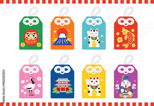 Japanese Amulet Charms: A collection of vibrant Japanese amulet charms, each adorned with intricate designs symbolizing good fortune, protection, and cultural significance.