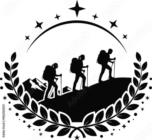 Three hikers with backpacks trekking on a mountain surrounded by a floral wreath and stars