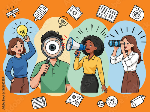 Cartoon People with Communication Devices.