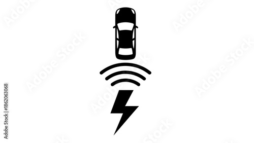 Wireless electric vehicle charging icon with car silhouette and lightning bolt symbol isolated on white.