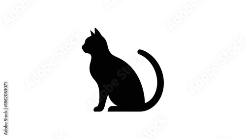 Black cat silhouette sitting side view isolated on white background.