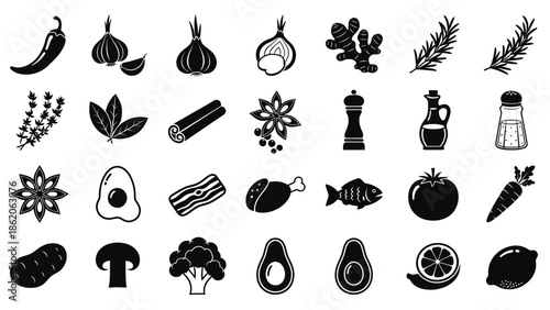 Collection of Various Food Icons and Symbols.