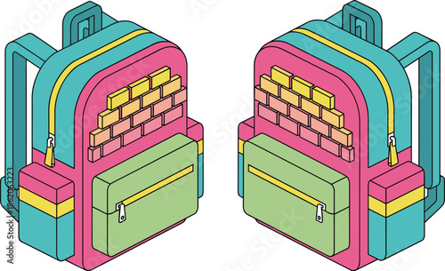 Two colorful backpacks with books and a green pouch yellow zipper teal straps