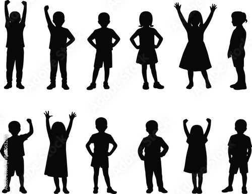 Children silhouettes standing cheering isolated on white background, happy boys and girls vector illustration for education celebration childhood activity concept design