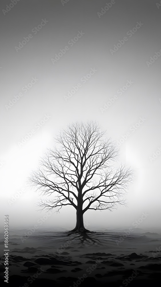 Fototapeta premium Shades of Solitude. A bare tree in a grayscale landscape, surrounded by soft gradients and quiet atmosphere.