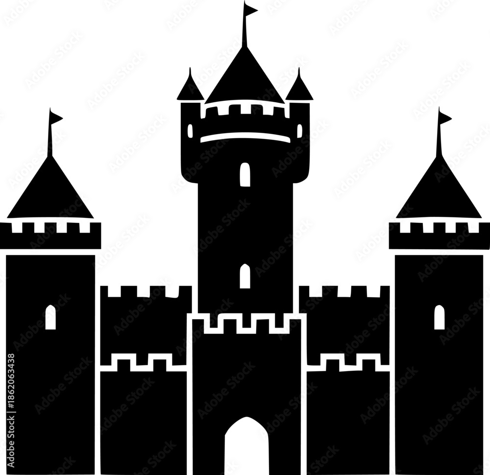 Obraz premium Medieval Castle Silhouette Three Towers Flat Vector Icon 