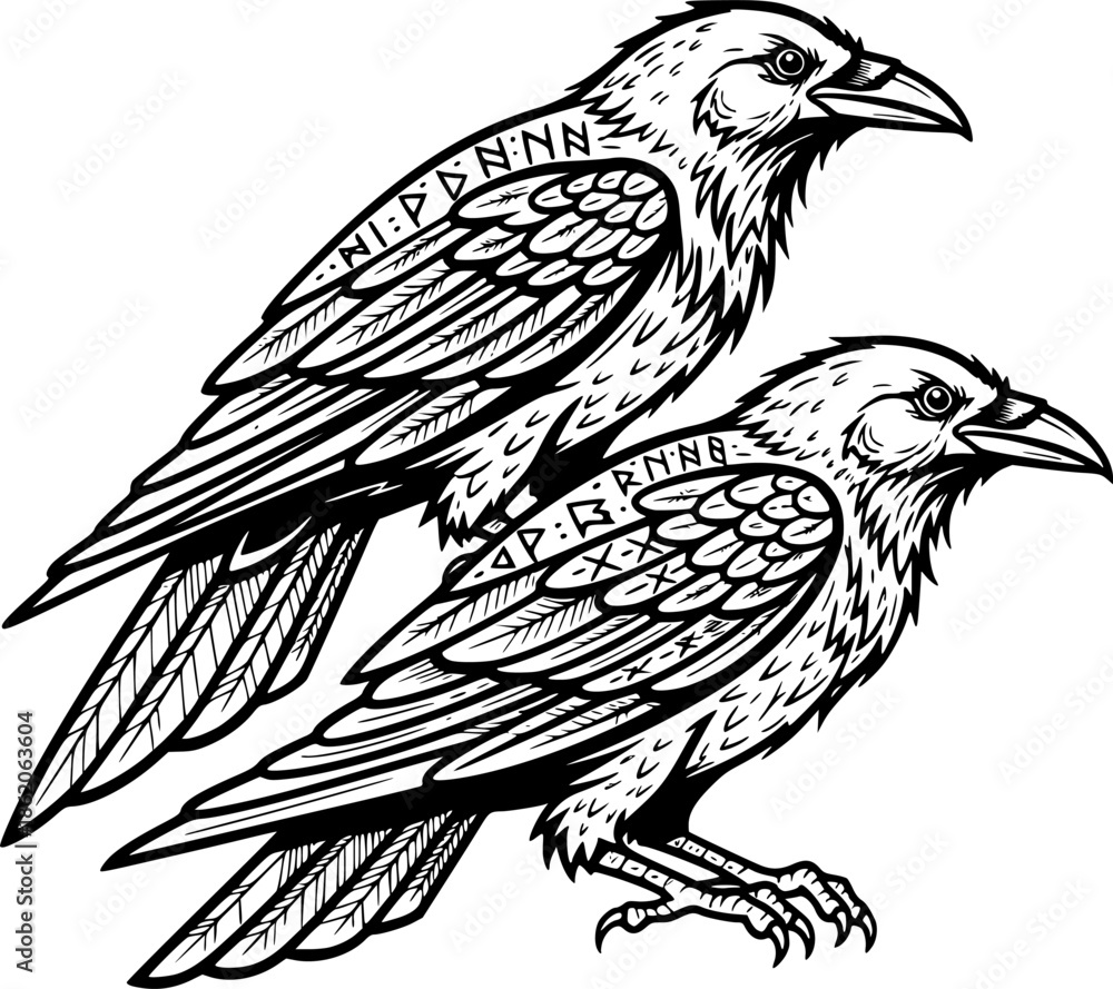 Fototapeta premium Norse Myth Odin's Ravens Line Art Vector 
