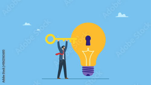 Smart businessman with golden key about to insert into key hold on lightbulb idea lamp. Unlock new business idea, invent new product or creativity.