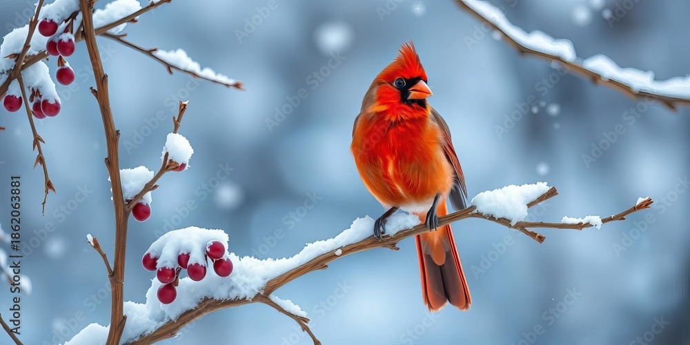 Fototapeta premium Bright red cardinal perched on a snow-covered branch in winter, cold, red