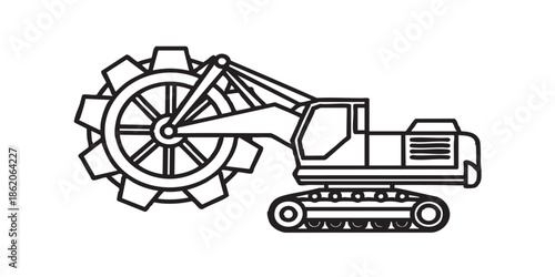 Crawler excavator with bucket line icon, heavy transport concept. Vector graphics. Excavator machine sign on white background, outline style icon for mobile or web design.