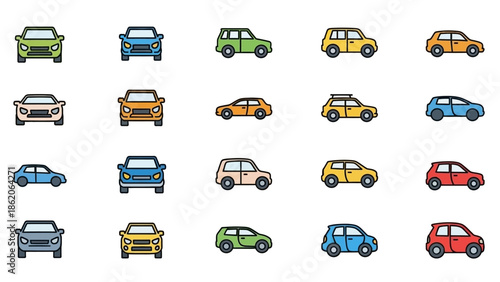 Collection of Various Colored Cartoon Cars.