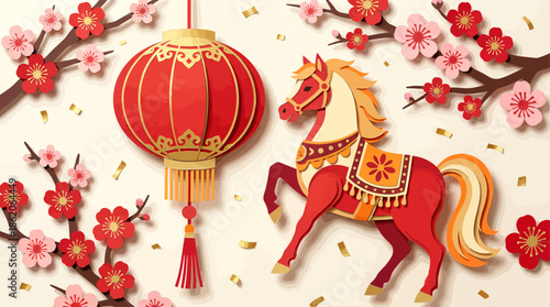 Vibrant paper-cut style illustration of a red Chinese lantern, a zodiac horse, and cherry blossoms with gold confetti, symbolizing Lunar New Year festivities.