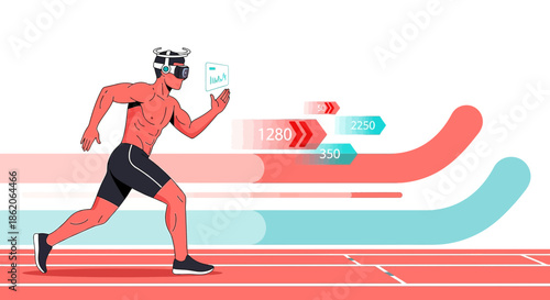 Virtual reality fitness: Athlete using VR headset for interactive workout session on track