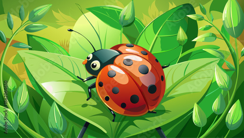 Very beautiful charming ladybug resting peacefully on a fresh green leaf in a vibrant garden, symbolizing spring, nature balance, and harmony in a calm and colorful natural environment.