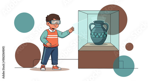 Virtual reality museum exploration experience with a child interacting with an ancient artifact