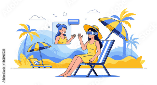 Virtual reality vacation, digital beach, connection, technology, travel, communication, future of