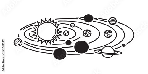 Solar system with planets line icon, cosmos concept. Vector graphics. Sun star with planets and orbits sign on white background, style for mobile or design