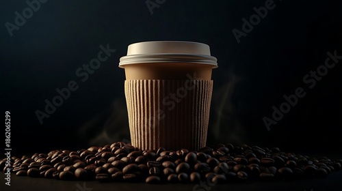 A steaming cup of coffee sits on a bed of roasted coffee beans.