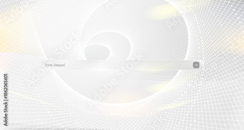 Futuristic vector search interface with think deeper text on white digital mesh background. Concept of artificial intelligence, big data analysis and advanced neural network processing.