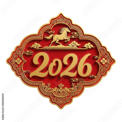 Ornate golden emblem celebrating the upcoming Chinese zodiac year of the horse for the year 2026 in vibrant traditional style