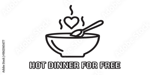 Hot soup plate with spoon and heart solid icon, charity concept. Vector graphics. Soup, hot dinner for free sign on white background, style mobile or desig