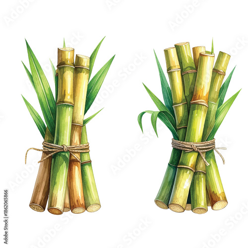 Two Bunches of Sugarcane Stalks Tied with Twine, Watercolor vector illutrastion transparent background