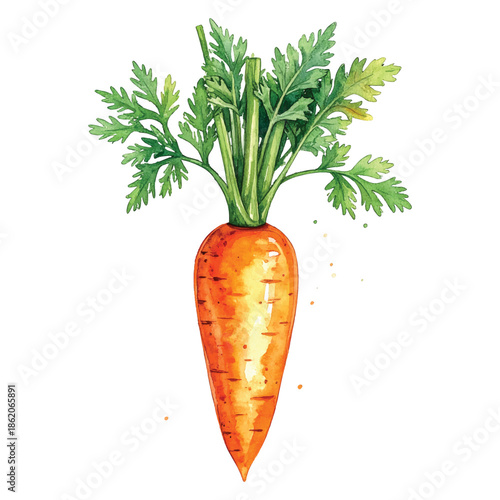Watercolor Illustration of a Fresh Carrot with Green Leaves on vector illutrastion transparent background
