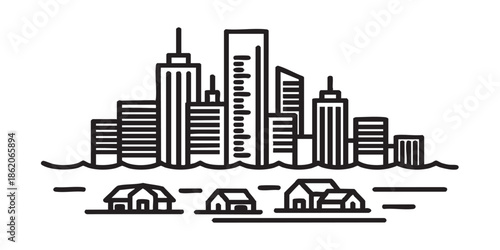 Big city water flood thin line icon, climate change concept. Vector graphics. Tall building and house at sea, ocean level sign on white background, style mobile or design black and white simple outlin