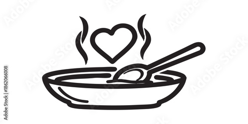 Hot soup plate with spoon and heart line icon, charity concept. Vector graphics. Soup, hot dinner for free sign on white background, style for mobile or design