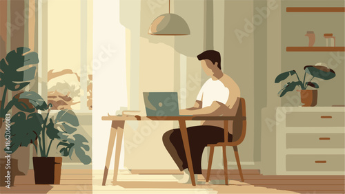 Modern Flat Vector Illustration Depicting a Young Man Engaged in Productive Remote Work at a Sunny Home Desk, Showcasing a Flexible and Digital Lifestyle