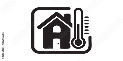 Thermometer with cottage building solid icon, climate change concept. Vector graphics. House outdoors, temperature sign on white background, glyph style icon for mobile or web design