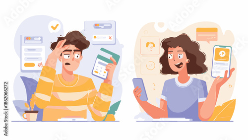 Flat vector illustrations depicting contrasting emotions and reactions to financial management and technology use