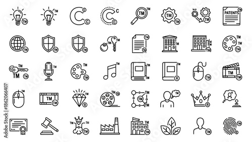 Collection of Simple Line Icons Representing Various Concepts.