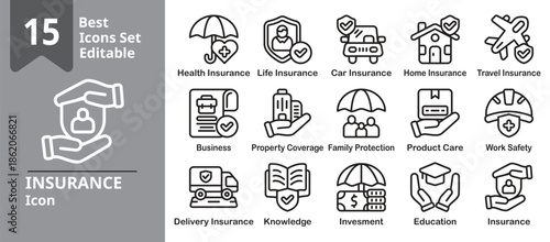 Insurance icon set. Contains protection shields, claims, coverage plans, healthcare, vehicle, home, and business risk. Editable outline vector illustration.