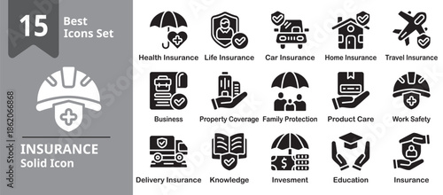 Insurance Icon set. Including insurance, policy, coverage, claim, premium and more. Solid vector icons collection. Vector Illustration.