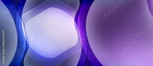Abstract background features flowing shapes, purple hues, soft lighting. Modern design evokes fluidity, depth, visual interest.