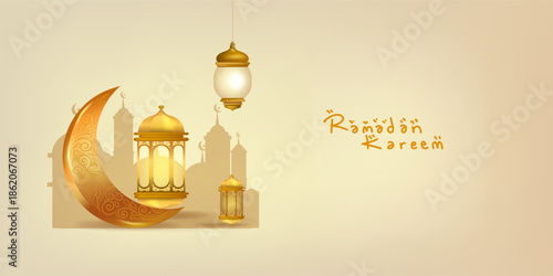 Ramadan Kareem, Islamic holy month with lantern, mosque, crescent moon and star greeting background. Poster, banner, template and social media design.