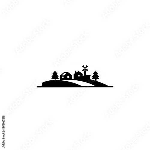 Rural Silhouette Illustration Featuring Windmill, Houses, Pine Trees, Hill, and Winding Path in Minimal Style