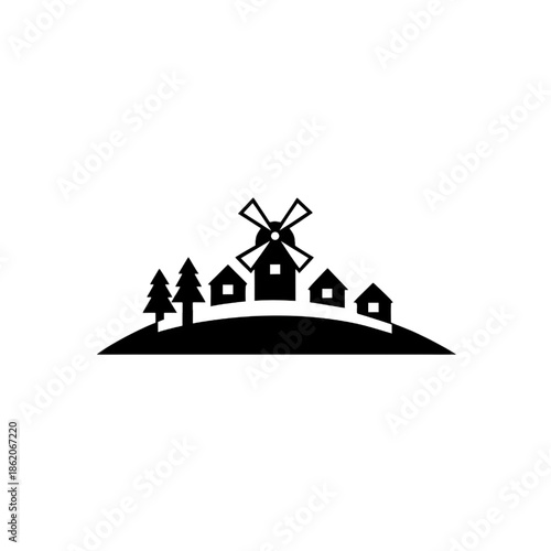 Minimalist Windmill Icon on Hill with Buildings and Trees in Black and White Silhouette Style