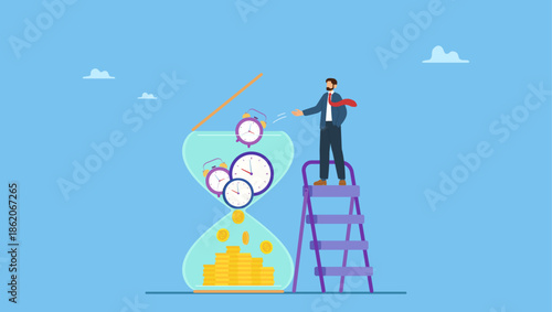 Smart businessman investor putting time pieces, clock, alarm clock into sandglass falling to money profit return. Time is money, long term investment return, retirement pension fund.