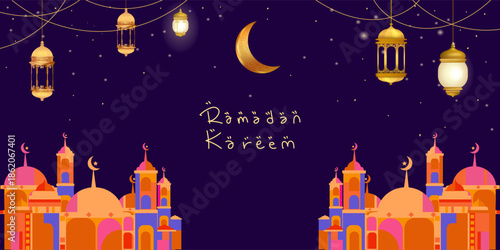 Ramadan Kareem, Islamic holy month with lantern, mosque, crescent moon and star greeting background. Poster, banner, template and social media design.