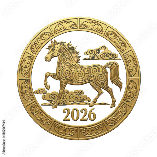 Ornate gold medallion featuring a stylized Chinese zodiac horse design and the year 2026 signifying the upcoming lunar new year celebration