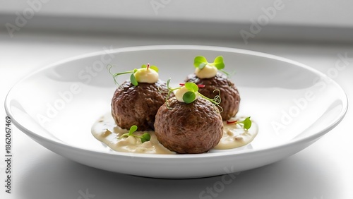 Gourmet Meatballs Appetizer with Creamy Sauce and Garnish.