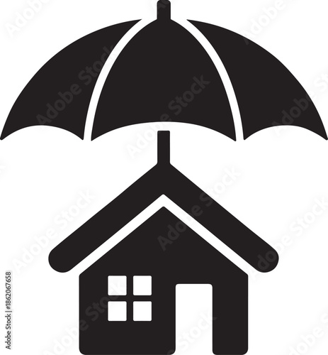 Umbrella covering house shape symbolizing property insurance, protection, and safety icon