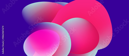 Abstract shapes overlap, creating vibrant pinks, purples, blues. Smooth gradients suggest fluid motion, modern design.