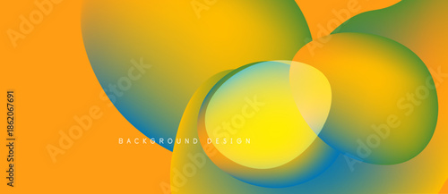 Abstract vibrant design features overlapping circles. Warm colors blend into cool tones creating dynamic visual effect. Modern background.
