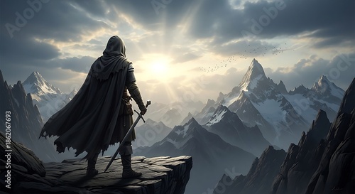 Lone Warrior Standing on Mountain Peak at Sunrise.